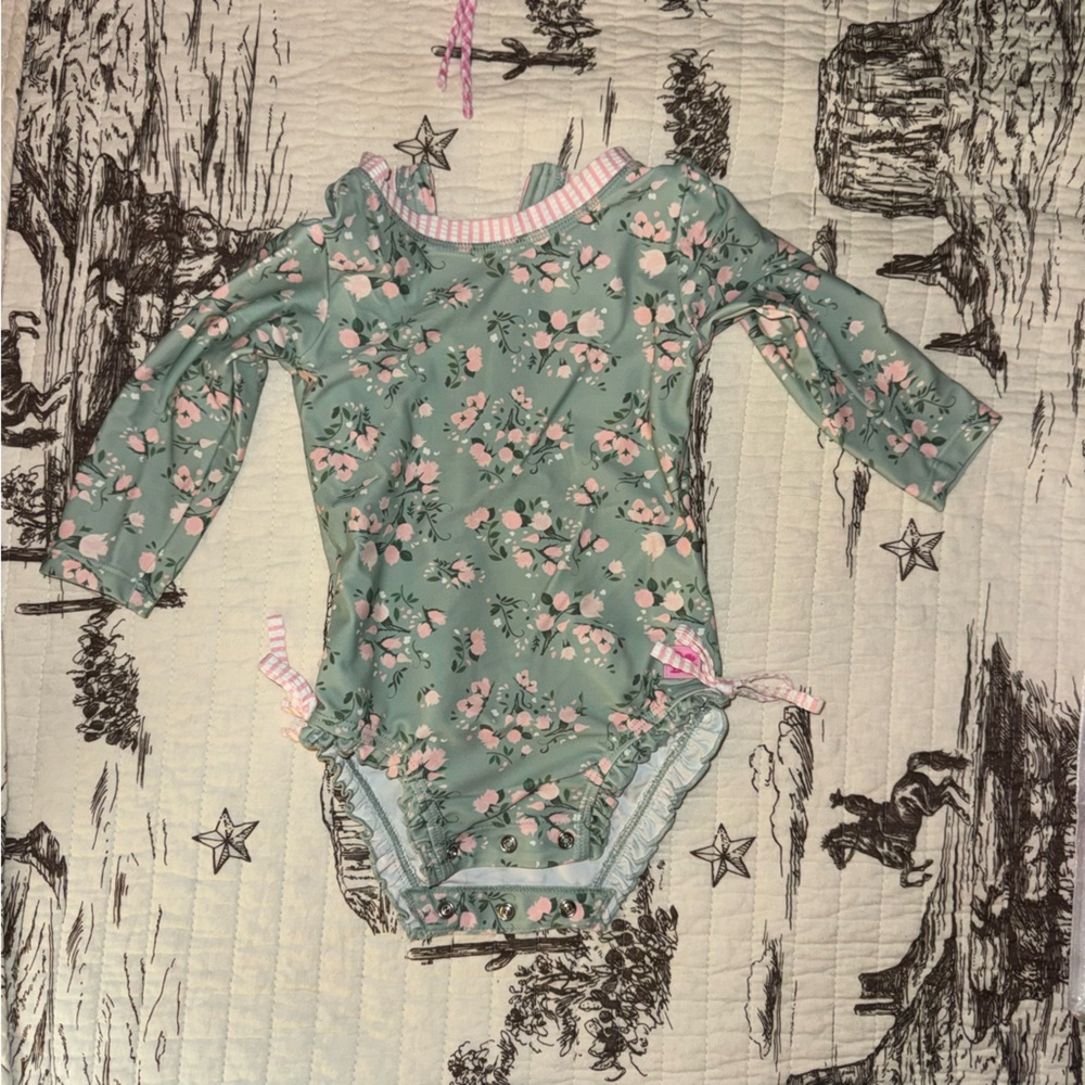 Ruffle Butts Mint Green Floral Long-Sleeve One-Piece